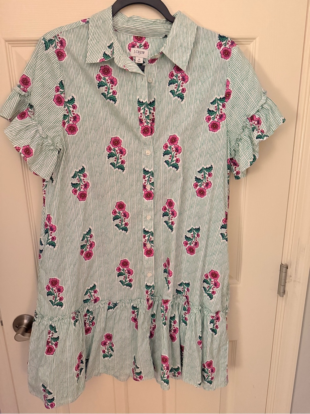 J. Crew Factory Green-Striped Mini Dress with Pink Floral Print